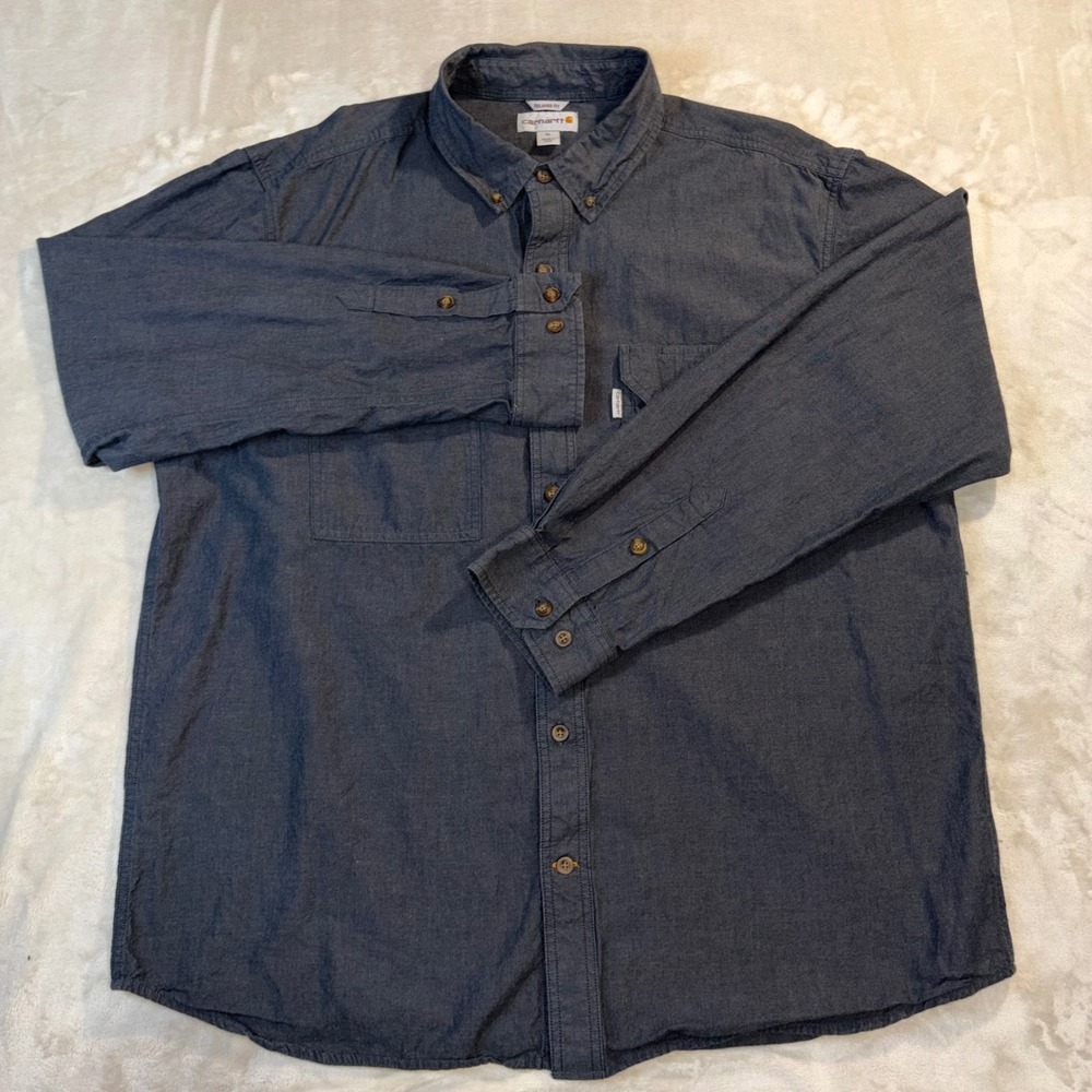 Carhartt Mens XL Relaxed Fit Long Sleeve Button Down Shirt Gray Chambray S202BKC